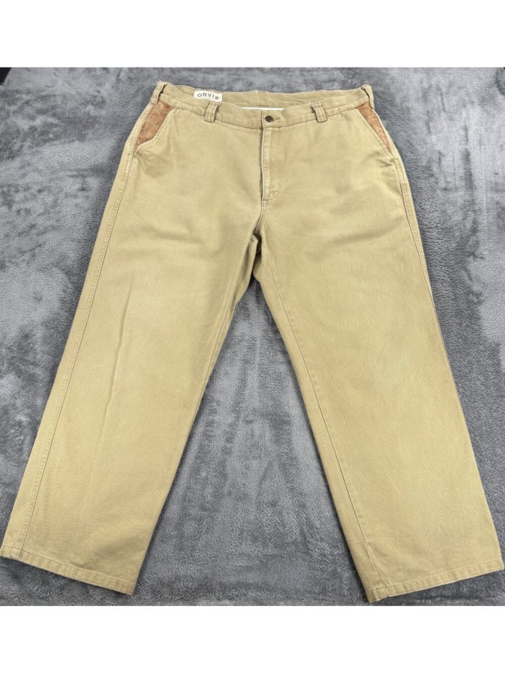 Orvis Mens 38X28 Khaki Chino Jeans Leather Trim Hunting Camping Vintage